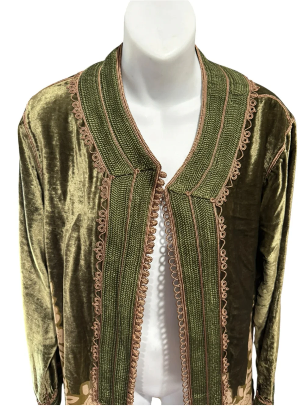 Maison du Cafian Velvet Floral Kaftan Jacket Size M Green Beige